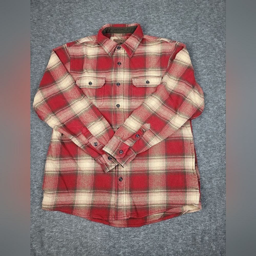 Orvis Men's Size M Flannel Jacket Heavy Shirt Red Cream Plaid Cotton Pockets